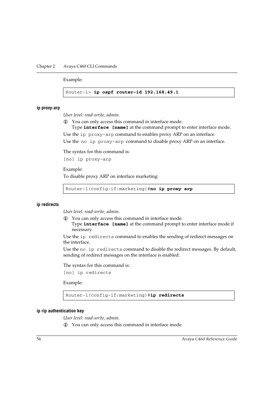Ip proxy-arp, Ip redirects, Ip rip authentication key | Avaya C460 User Manual | Page 66 / 268