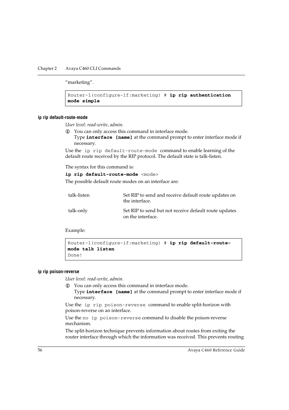 Ip rip default-route-mode, Ip rip poison-reverse, Ip rip default-route-mode ip rip poison-reverse | Avaya C460 User Manual | Page 68 / 268