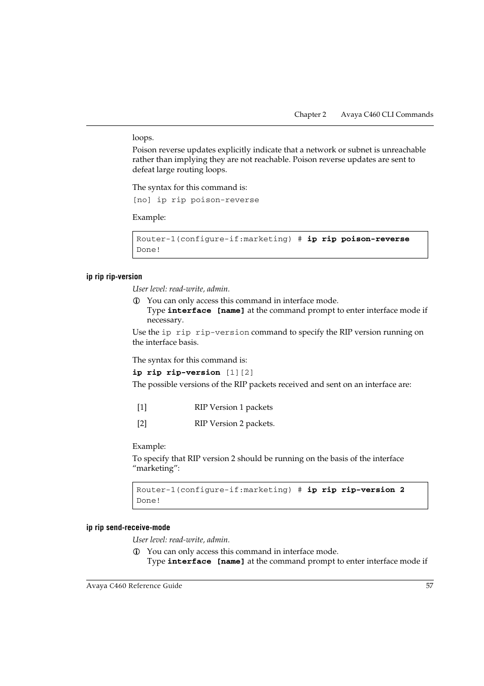 Ip rip rip-version, Ip rip send-receive-mode, Ip rip rip-version ip rip send-receive-mode | Avaya C460 User Manual | Page 69 / 268