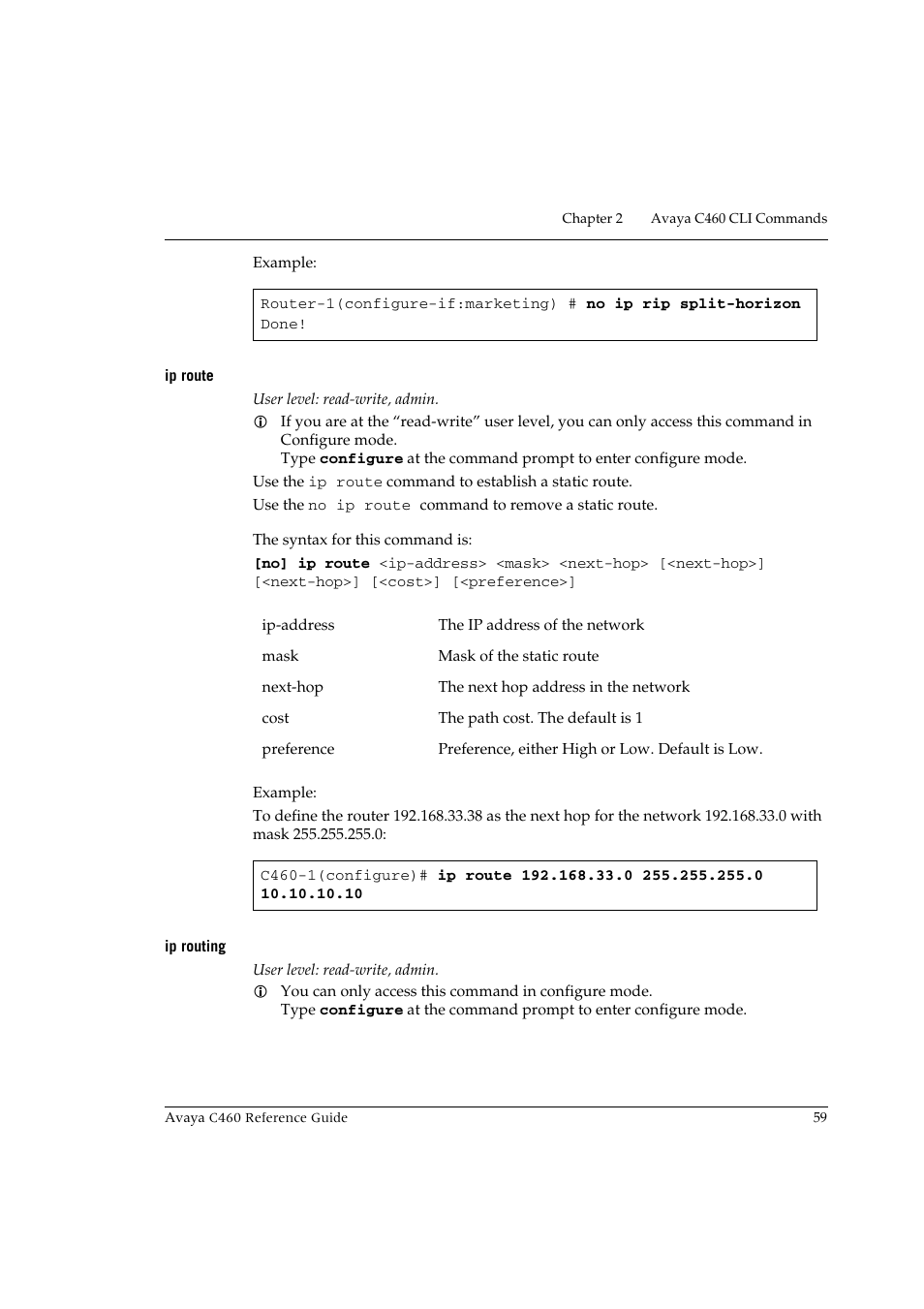 Ip route, Ip routing, Ip route ip routing | Avaya C460 User Manual | Page 71 / 268
