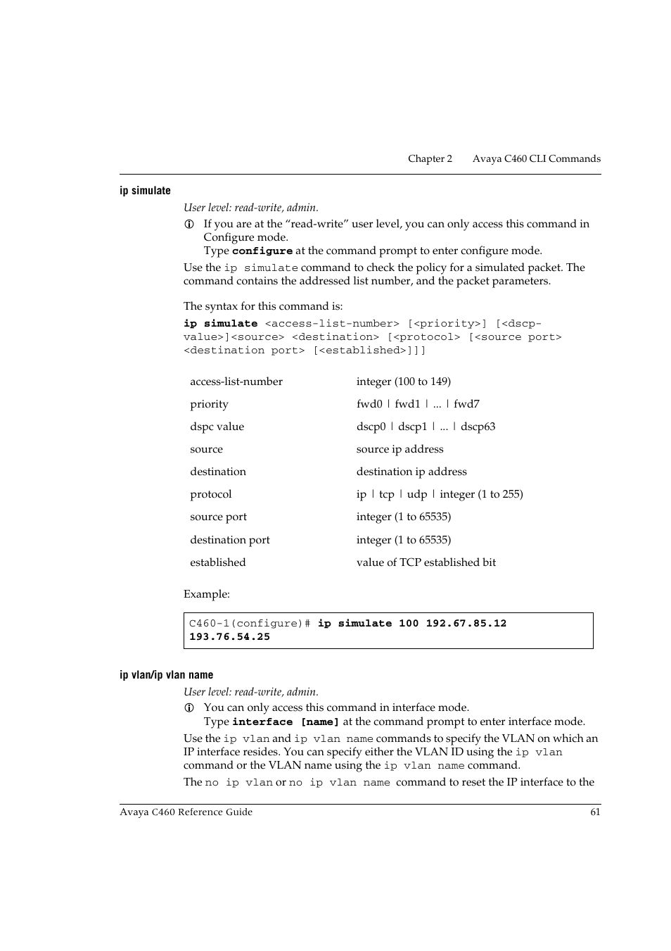 Ip simulate, Ip vlan/ip vlan name, Ip simulate ip vlan/ip vlan name | Avaya C460 User Manual | Page 73 / 268