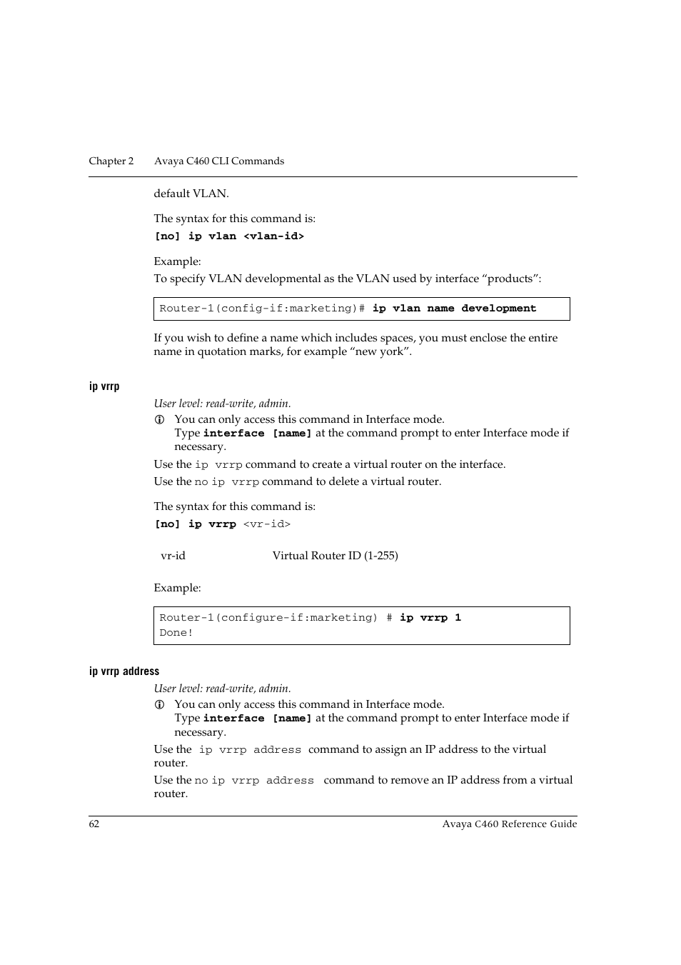 Ip vrrp, Ip vrrp address, Ip vrrp ip vrrp address | Avaya C460 User Manual | Page 74 / 268
