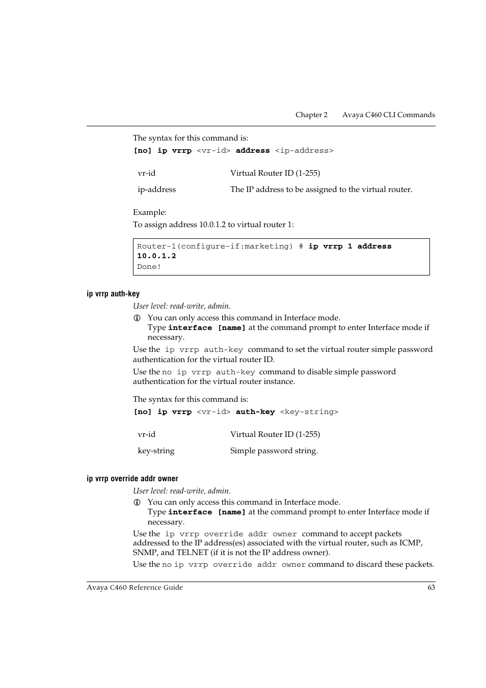 Ip vrrp auth-key, Ip vrrp override addr owner, Ip vrrp auth-key ip vrrp override addr owner | Avaya C460 User Manual | Page 75 / 268