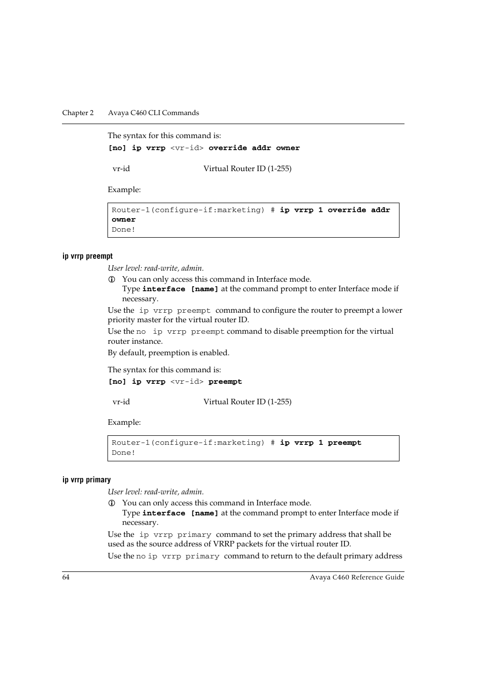 Ip vrrp preempt, Ip vrrp primary | Avaya C460 User Manual | Page 76 / 268
