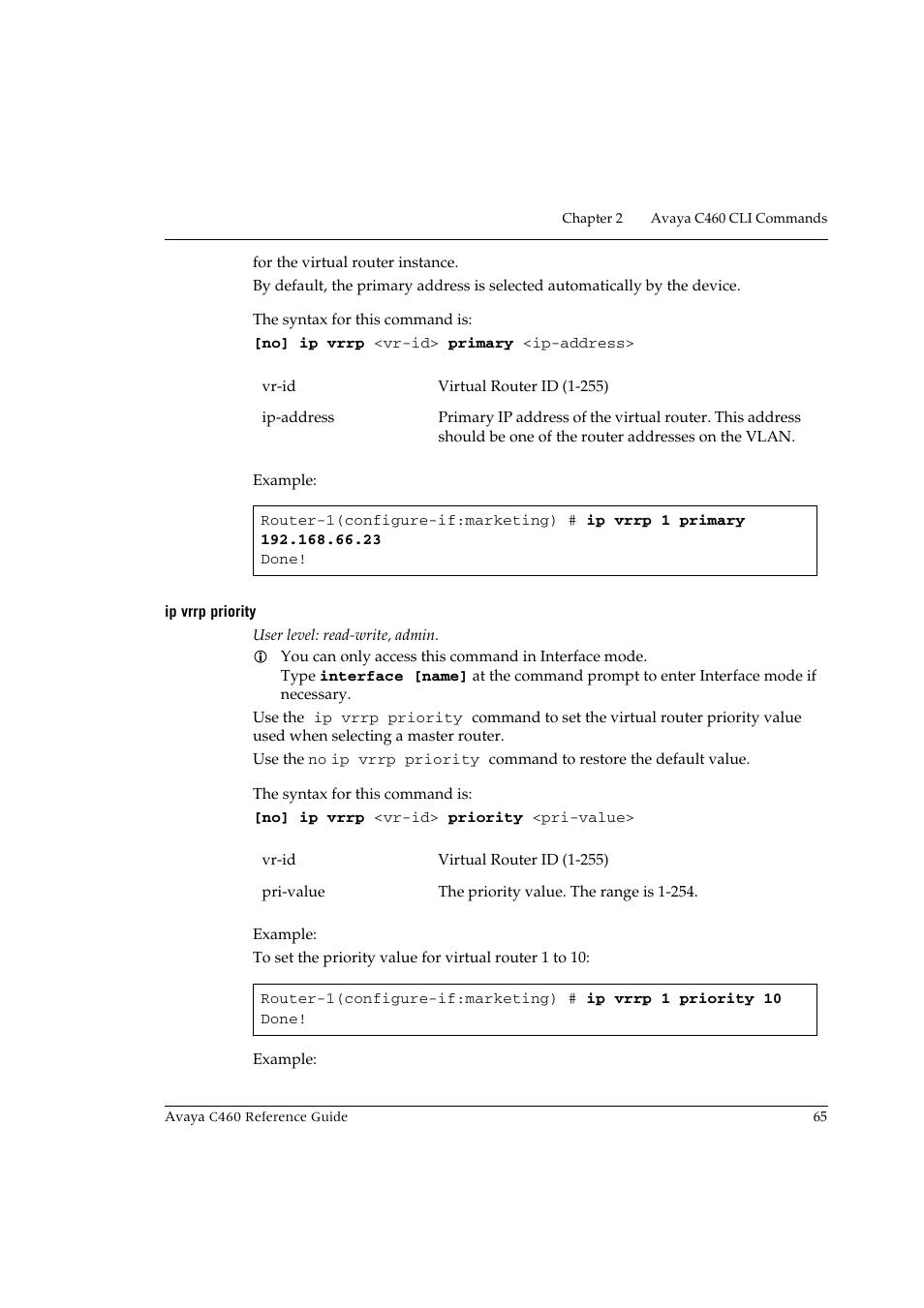 Ip vrrp priority | Avaya C460 User Manual | Page 77 / 268