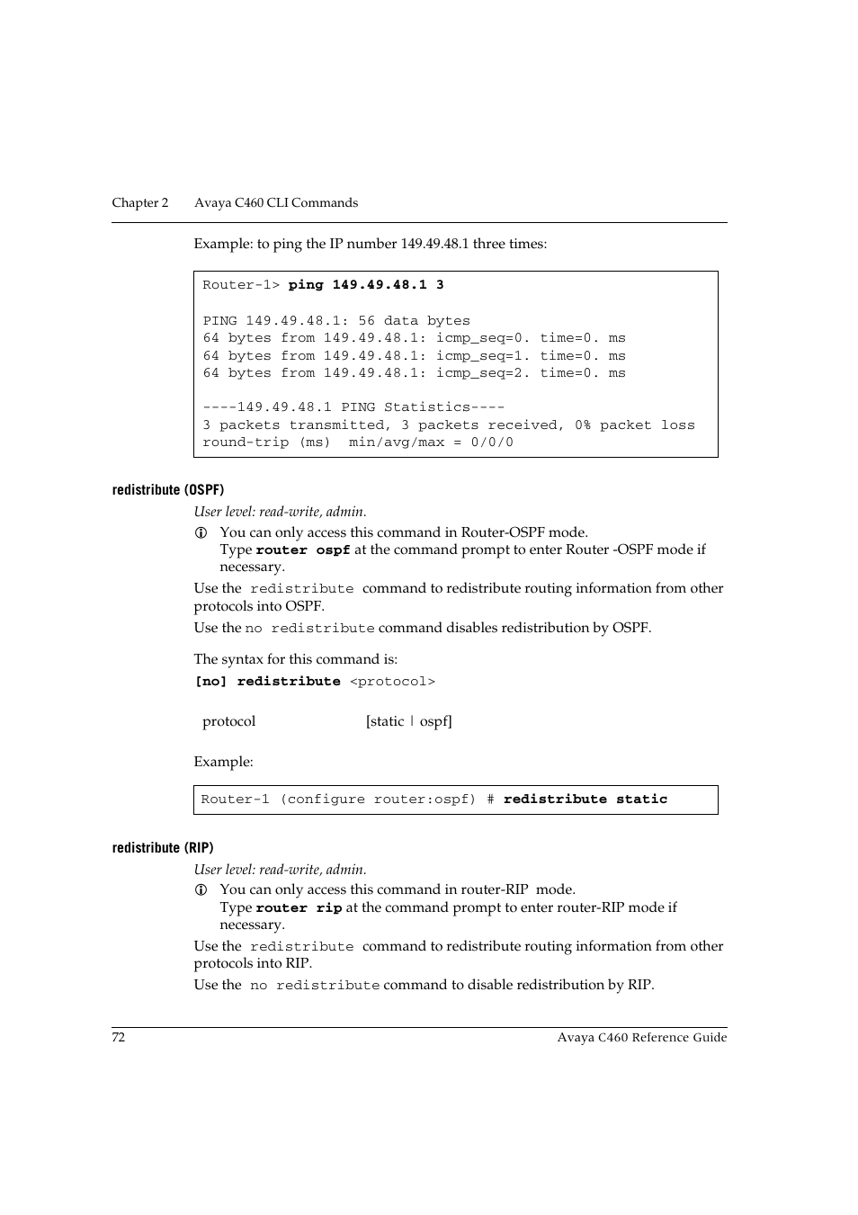 Redistribute (ospf), Redistribute (rip), Redistribute (ospf) redistribute (rip) | Avaya C460 User Manual | Page 84 / 268