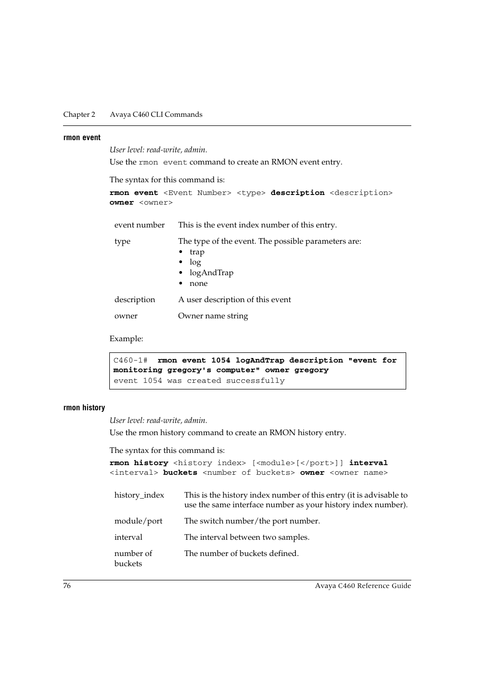 Rmon event, Rmon history, Rmon event rmon history | Avaya C460 User Manual | Page 88 / 268