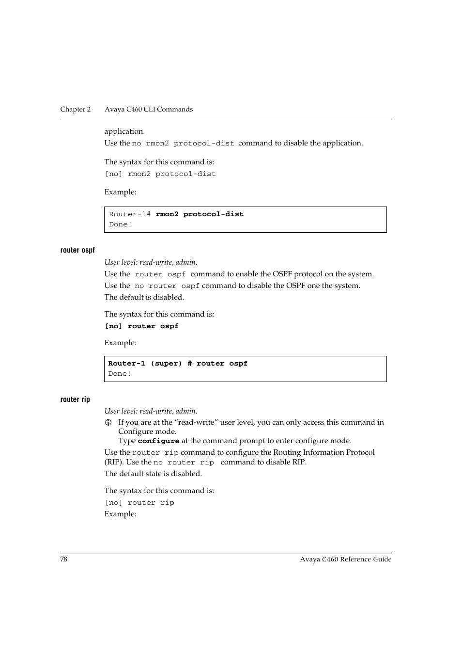 Router ospf, Router rip, Router ospf router rip | Avaya C460 User Manual | Page 90 / 268