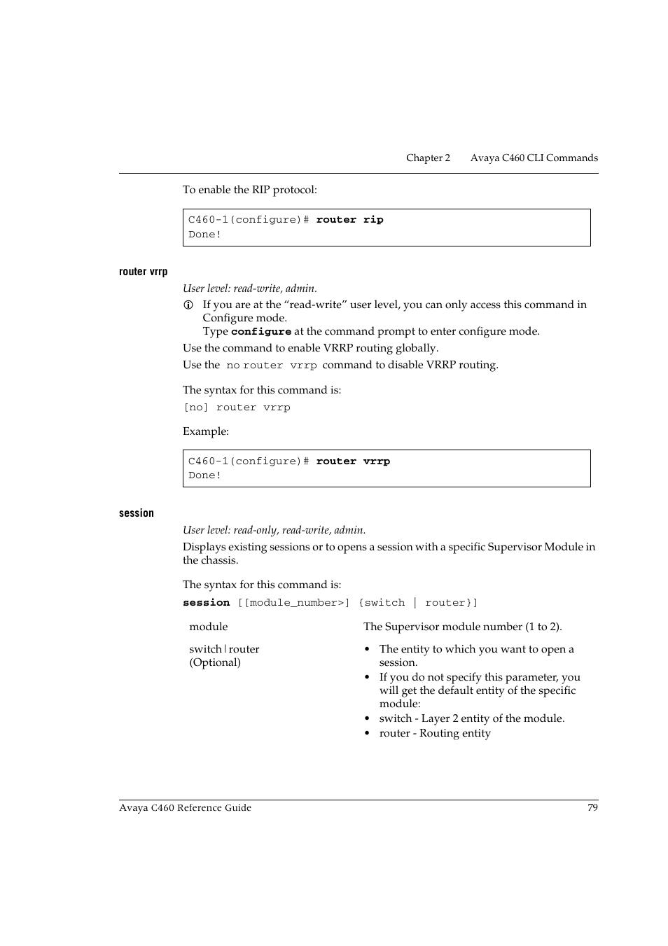 Router vrrp, Session, Router vrrp session | Avaya C460 User Manual | Page 91 / 268