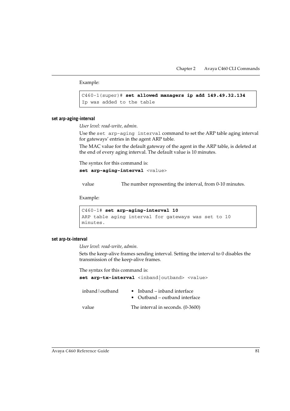 Set arp-aging-interval, Set arp-tx-interval, Set arp-aging-interval set arp-tx-interval | Avaya C460 User Manual | Page 93 / 268