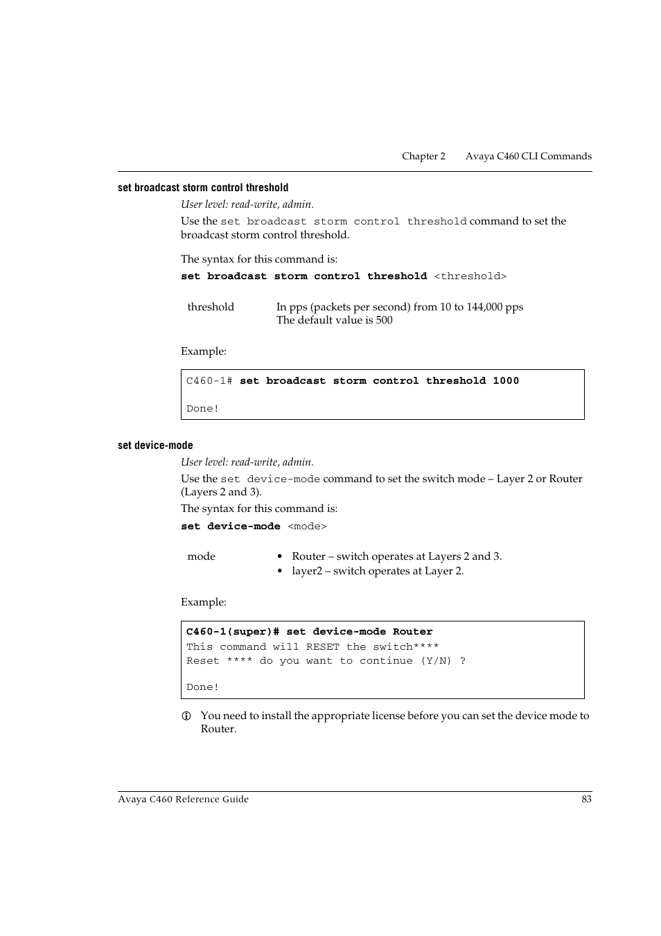 Set broadcast storm control threshold, Set device-mode | Avaya C460 User Manual | Page 95 / 268