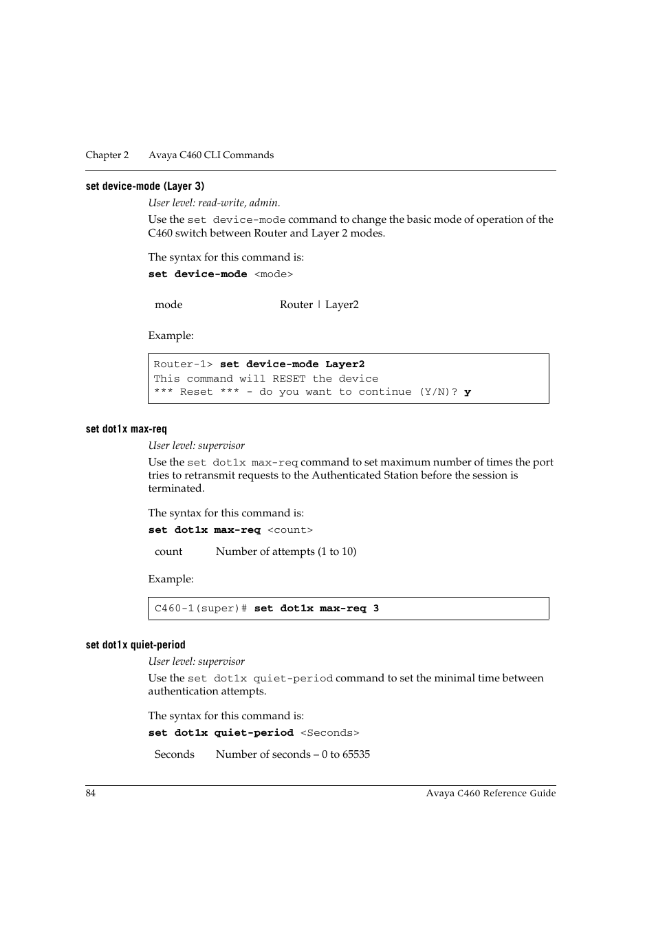 Set device-mode (layer 3), Set dot1x max-req, Set dot1x quiet-period | Avaya C460 User Manual | Page 96 / 268