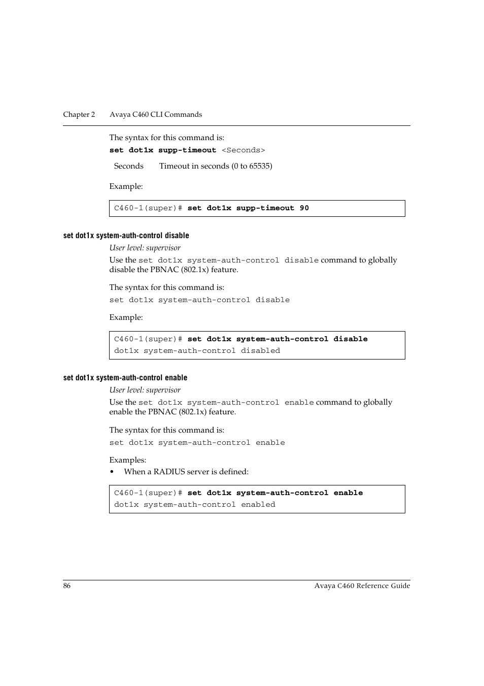 Set dot1x system-auth-control disable, Set dot1x system-auth-control enable | Avaya C460 User Manual | Page 98 / 268