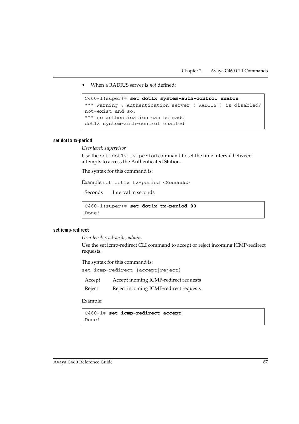 Set dot1x tx-period, Set icmp-redirect, Set dot1x tx-period set icmp-redirect | Avaya C460 User Manual | Page 99 / 268