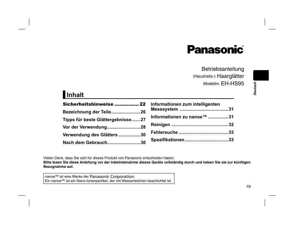Inhalt | Panasonic EHHS95 User Manual | Page 19 / 84