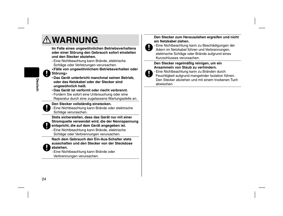 Warnung | Panasonic EHHS95 User Manual | Page 24 / 84