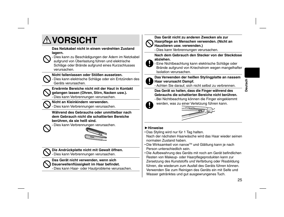 Vorsicht | Panasonic EHHS95 User Manual | Page 25 / 84