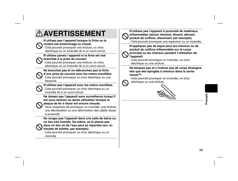 Avertissement | Panasonic EHHS95 User Manual | Page 39 / 84