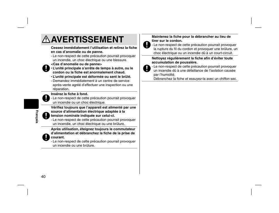 Avertissement | Panasonic EHHS95 User Manual | Page 40 / 84