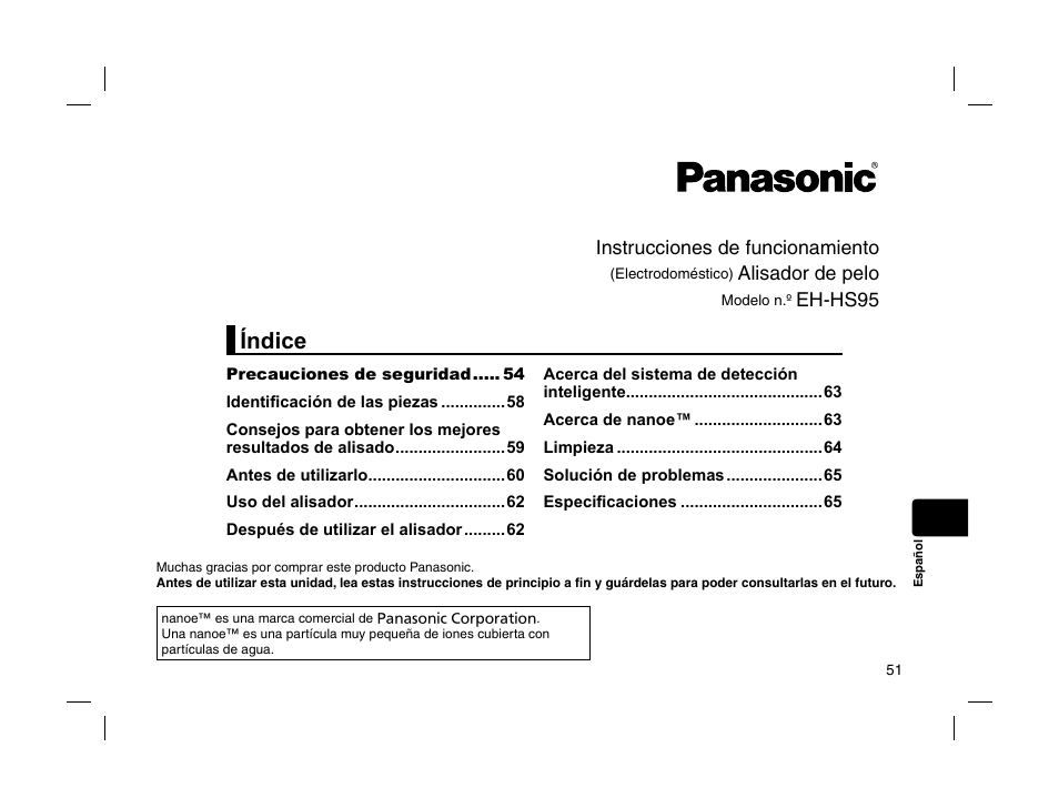 Índice | Panasonic EHHS95 User Manual | Page 51 / 84