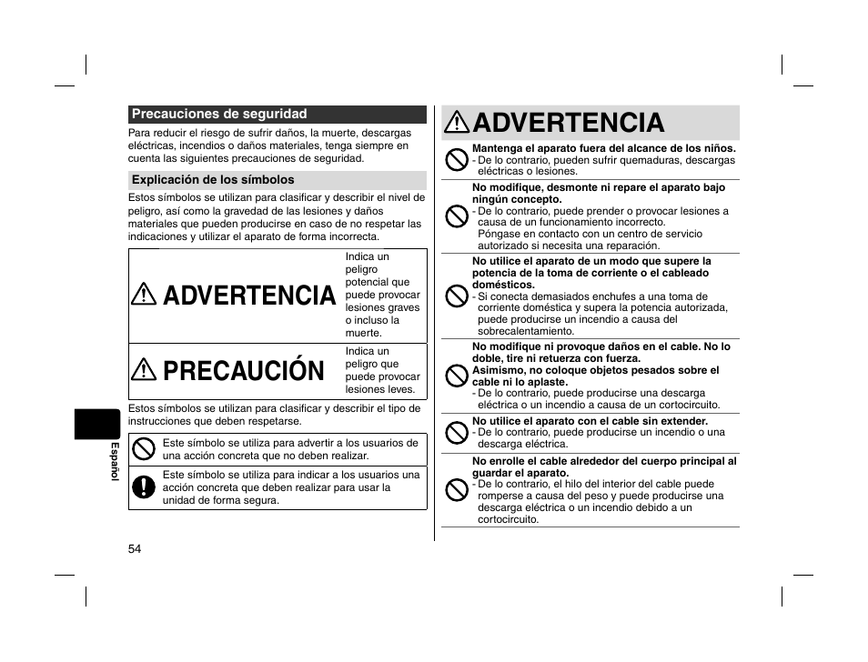 Advertencia, Precaución | Panasonic EHHS95 User Manual | Page 54 / 84