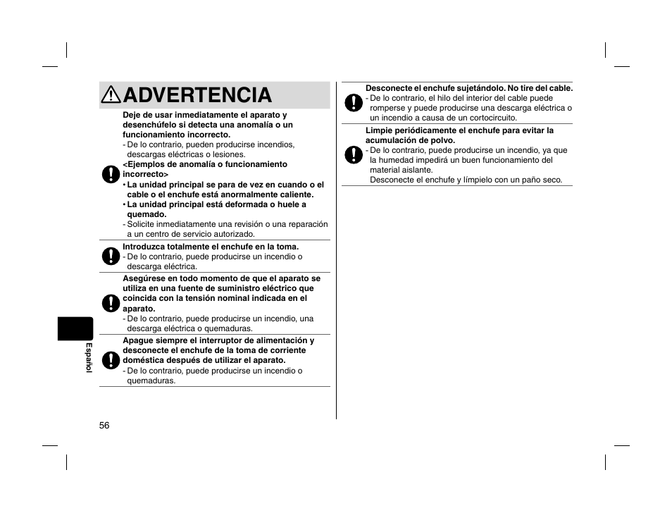 Advertencia | Panasonic EHHS95 User Manual | Page 56 / 84