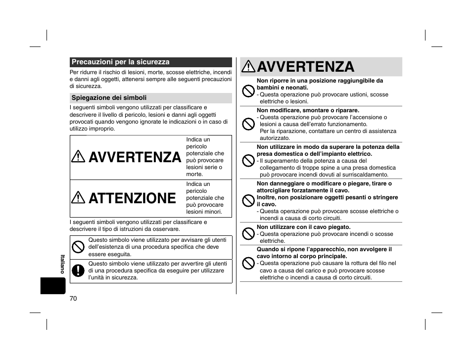 Avvertenza, Attenzione | Panasonic EHHS95 User Manual | Page 70 / 84