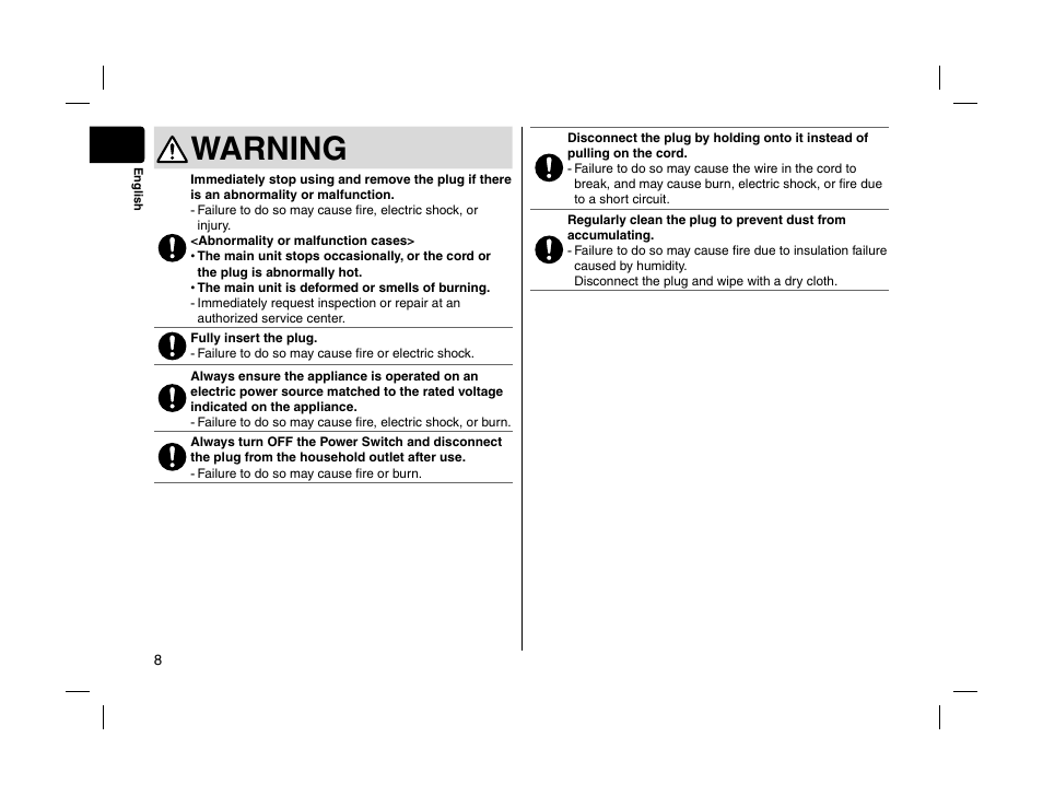 Warning | Panasonic EHHS95 User Manual | Page 8 / 84