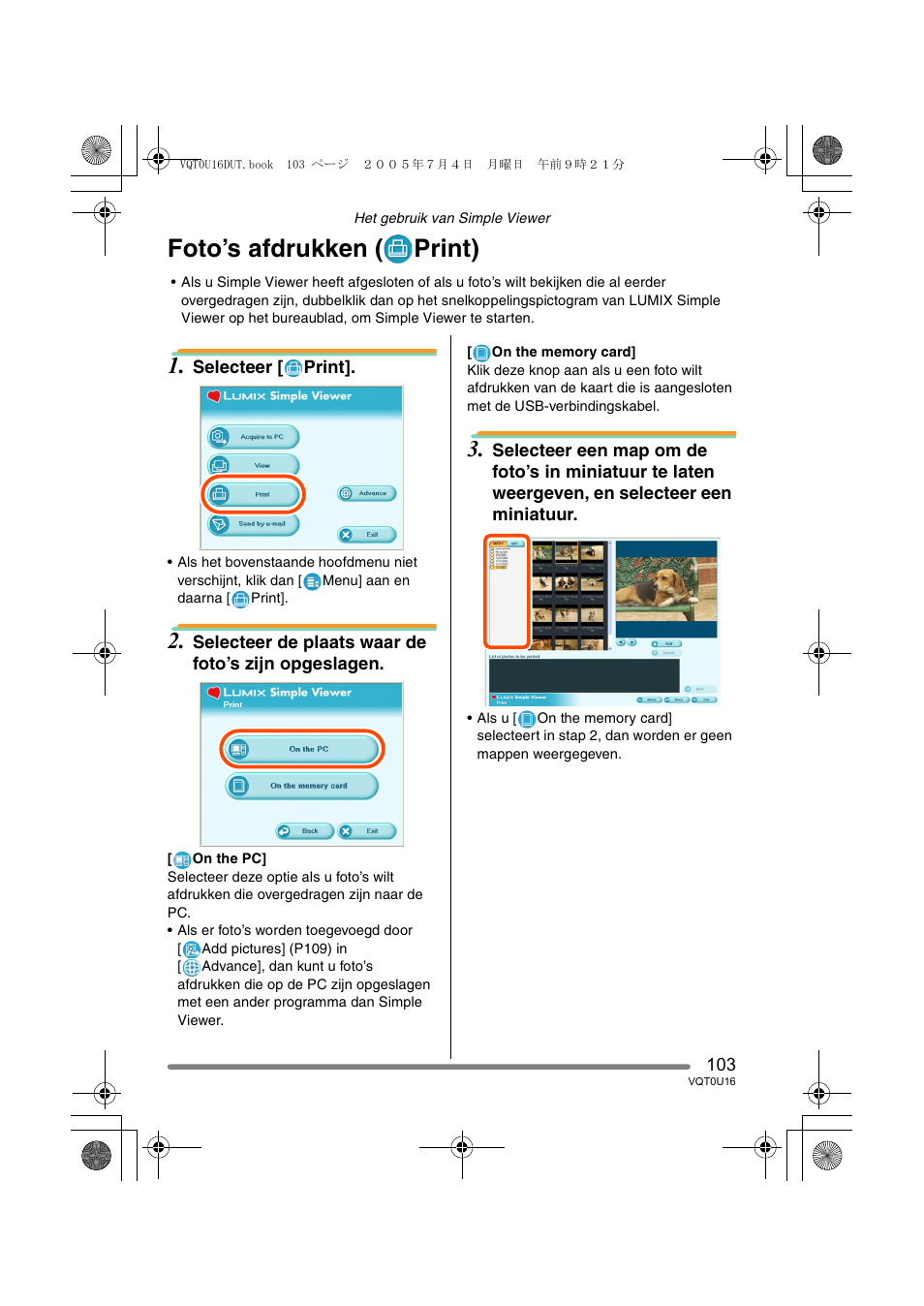 Foto’s afdrukken ( print) | Panasonic VQT0U16 User Manual | Page 103 / 120