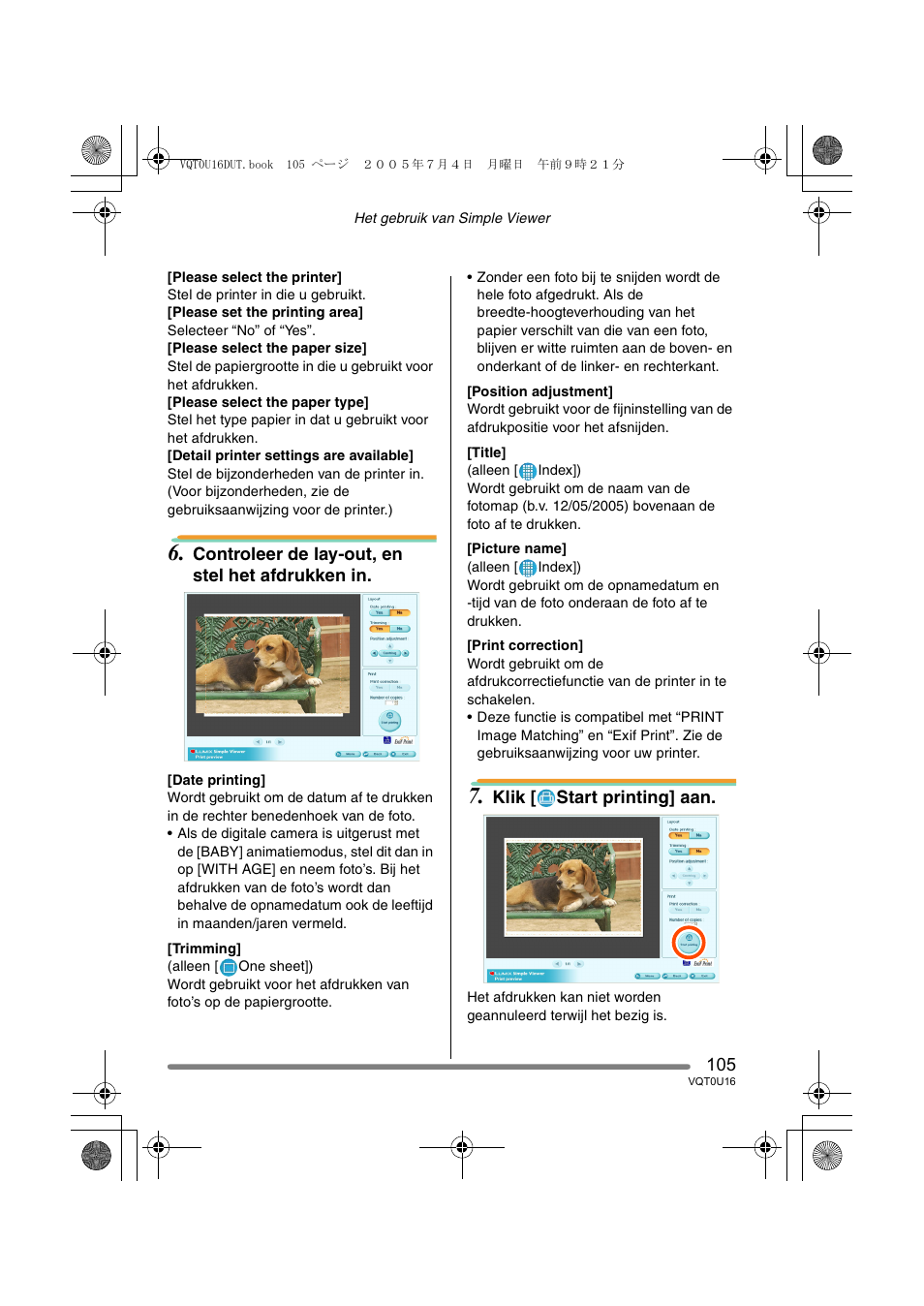 Controleer de lay-out, en stel het afdrukken in, Klik [ start printing] aan | Panasonic VQT0U16 User Manual | Page 105 / 120