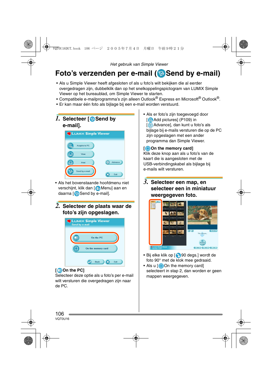 Foto’s verzenden per e-mail ( send by e-mail) | Panasonic VQT0U16 User Manual | Page 106 / 120