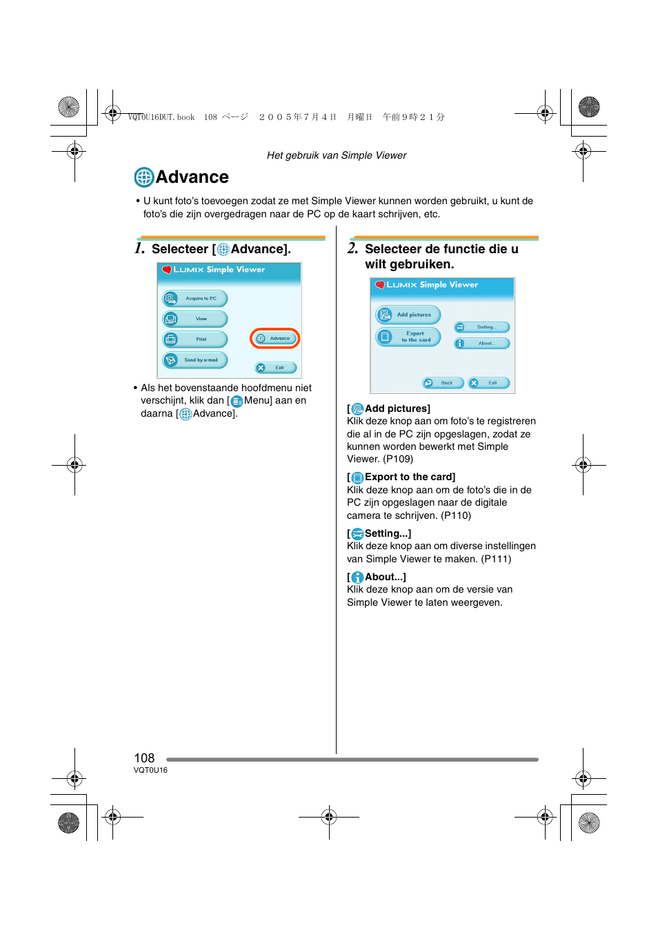 Advance | Panasonic VQT0U16 User Manual | Page 108 / 120