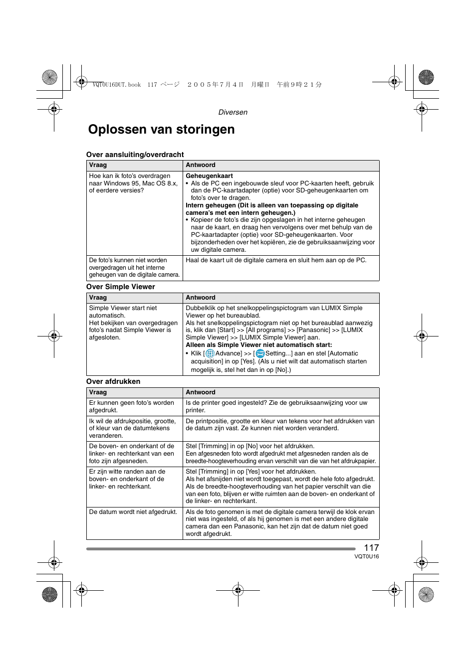 Oplossen van storingen | Panasonic VQT0U16 User Manual | Page 117 / 120