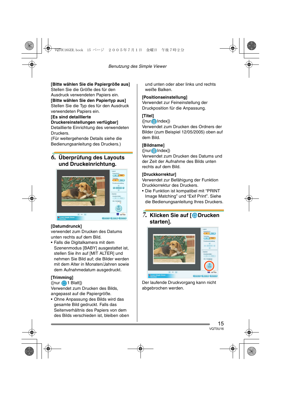 Überprüfung des layouts und druckeinrichtung, Klicken sie auf [ drucken starten | Panasonic VQT0U16 User Manual | Page 15 / 120