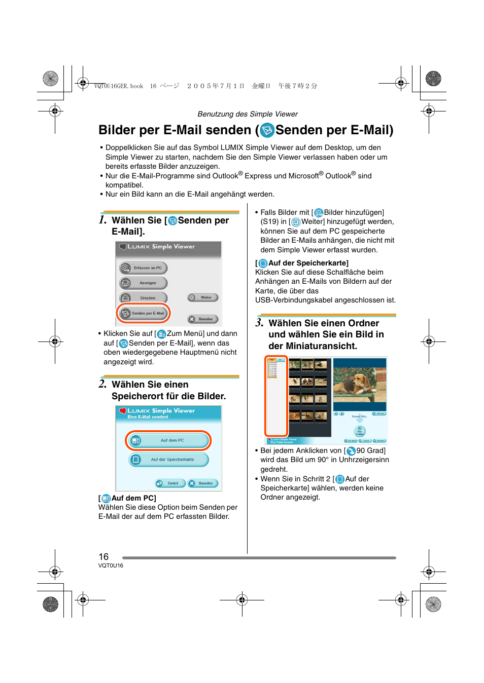 Bilder per e-mail senden ( senden per e-mail) | Panasonic VQT0U16 User Manual | Page 16 / 120