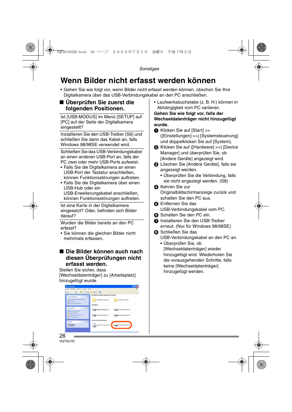 Wenn bilder nicht erfasst werden können | Panasonic VQT0U16 User Manual | Page 26 / 120