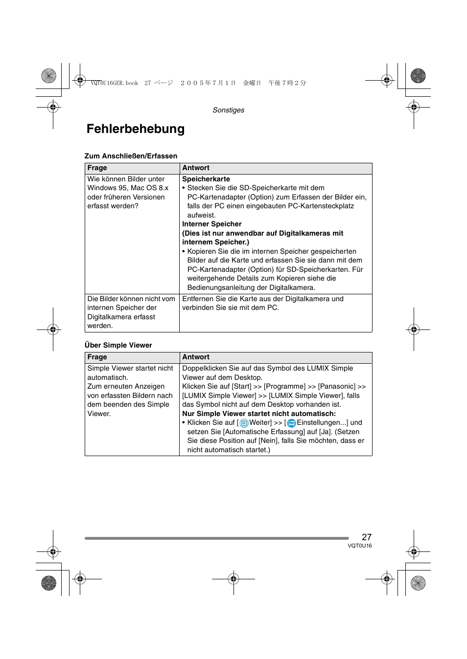 Fehlerbehebung | Panasonic VQT0U16 User Manual | Page 27 / 120