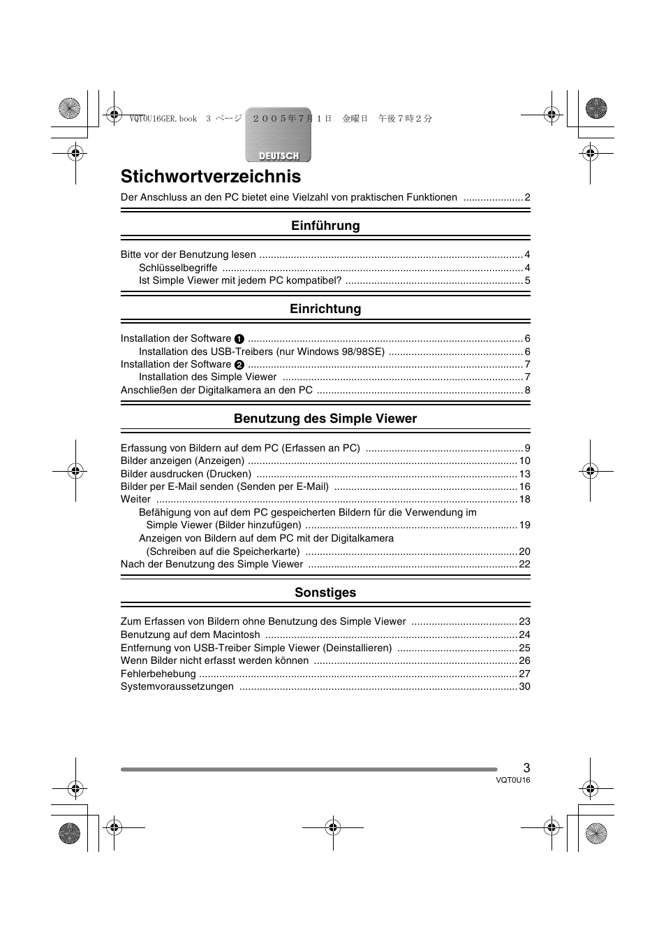 Stichwortverzeichnis | Panasonic VQT0U16 User Manual | Page 3 / 120