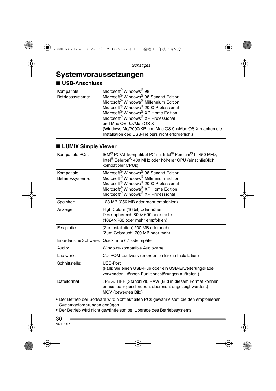 Systemvoraussetzungen, Usb-anschluss ∫ lumix simple viewer | Panasonic VQT0U16 User Manual | Page 30 / 120