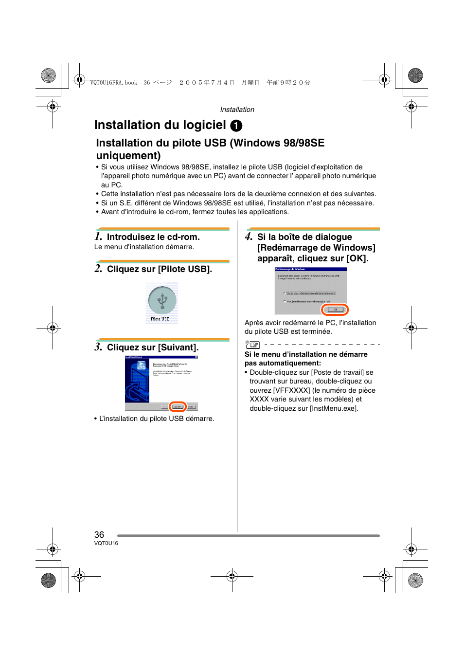 Installation du logiciel 1 | Panasonic VQT0U16 User Manual | Page 36 / 120