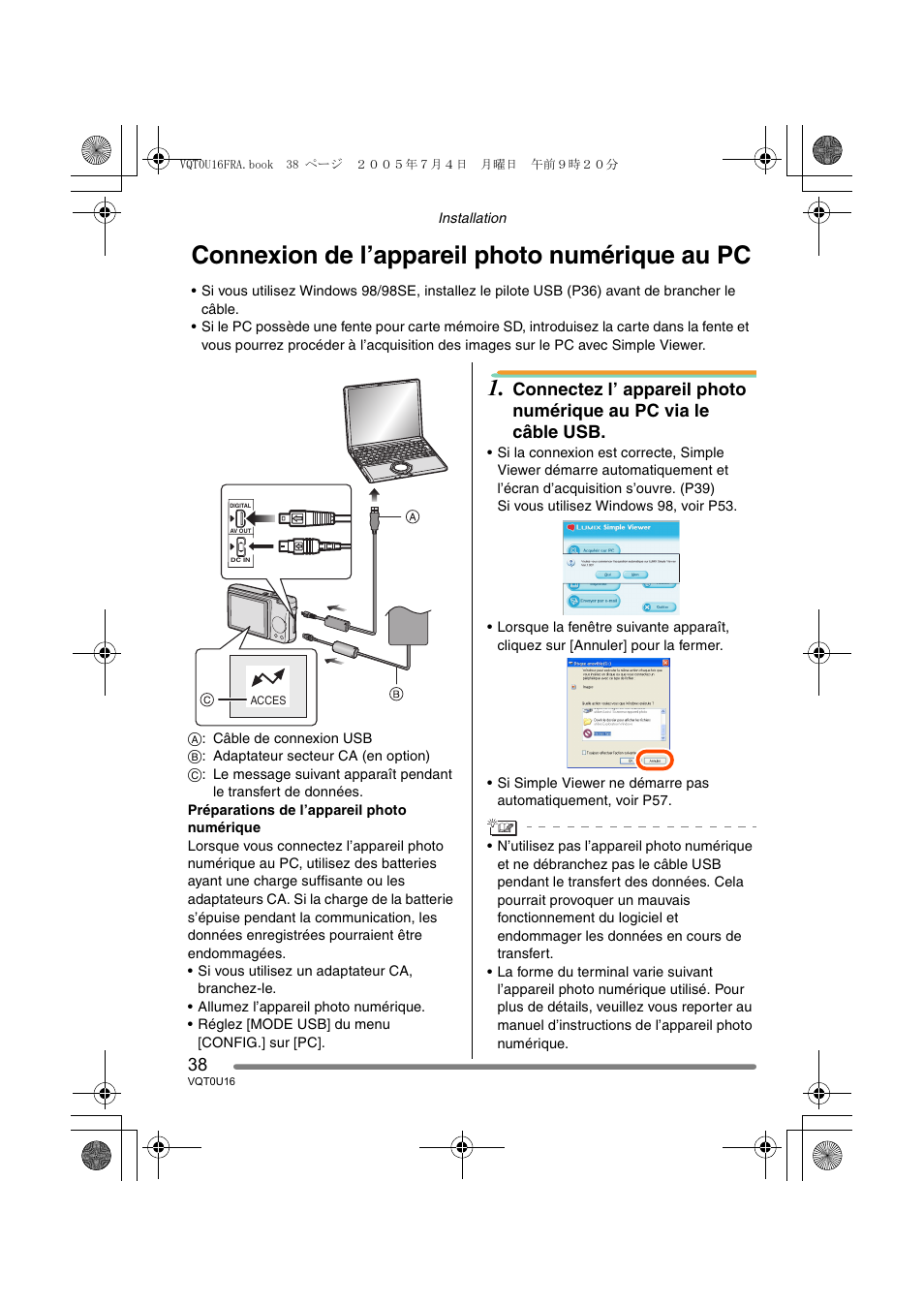 Connexion de l’appareil photo numérique au pc | Panasonic VQT0U16 User Manual | Page 38 / 120