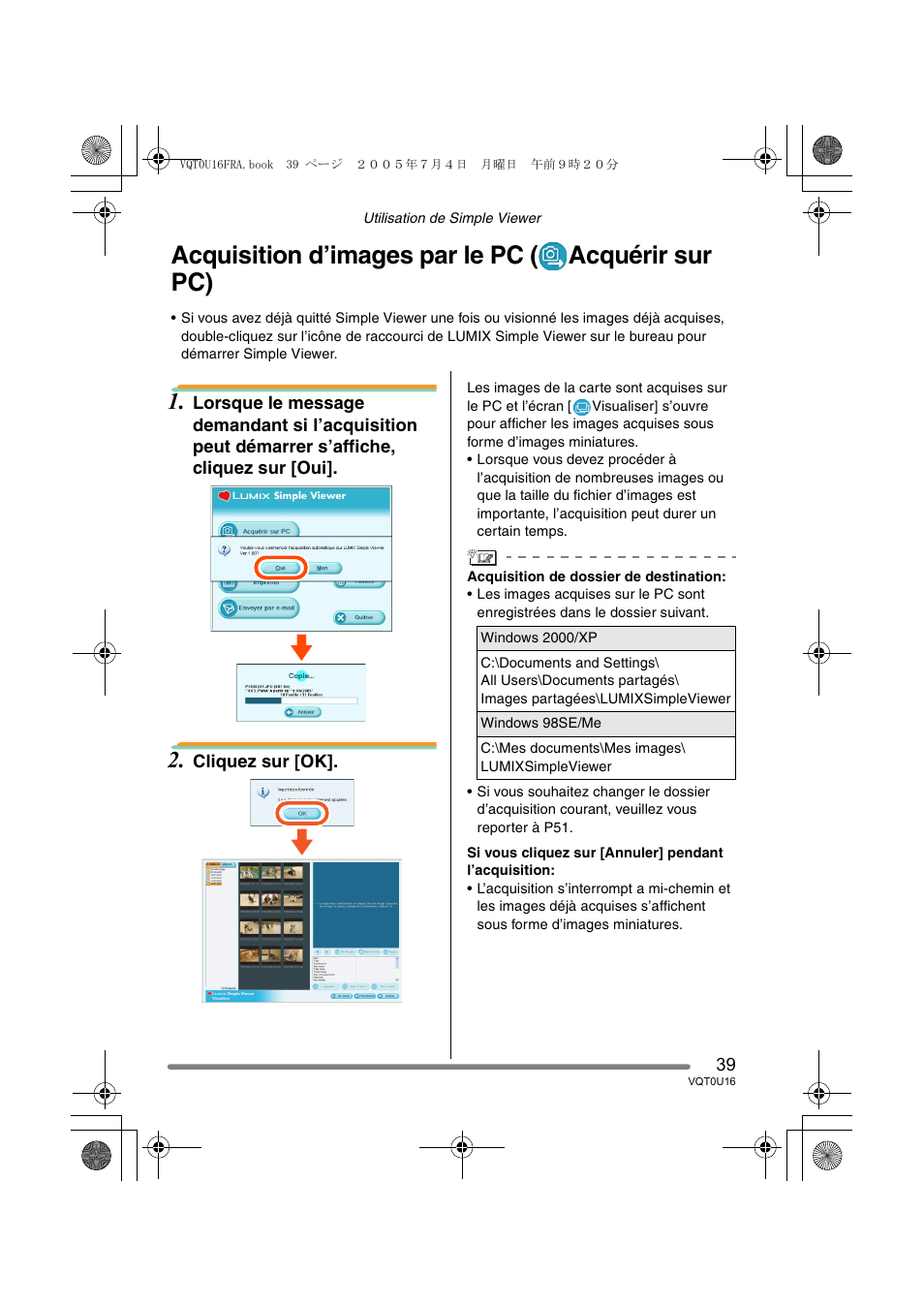 Acquisition d’images par le pc ( acquérir sur pc) | Panasonic VQT0U16 User Manual | Page 39 / 120