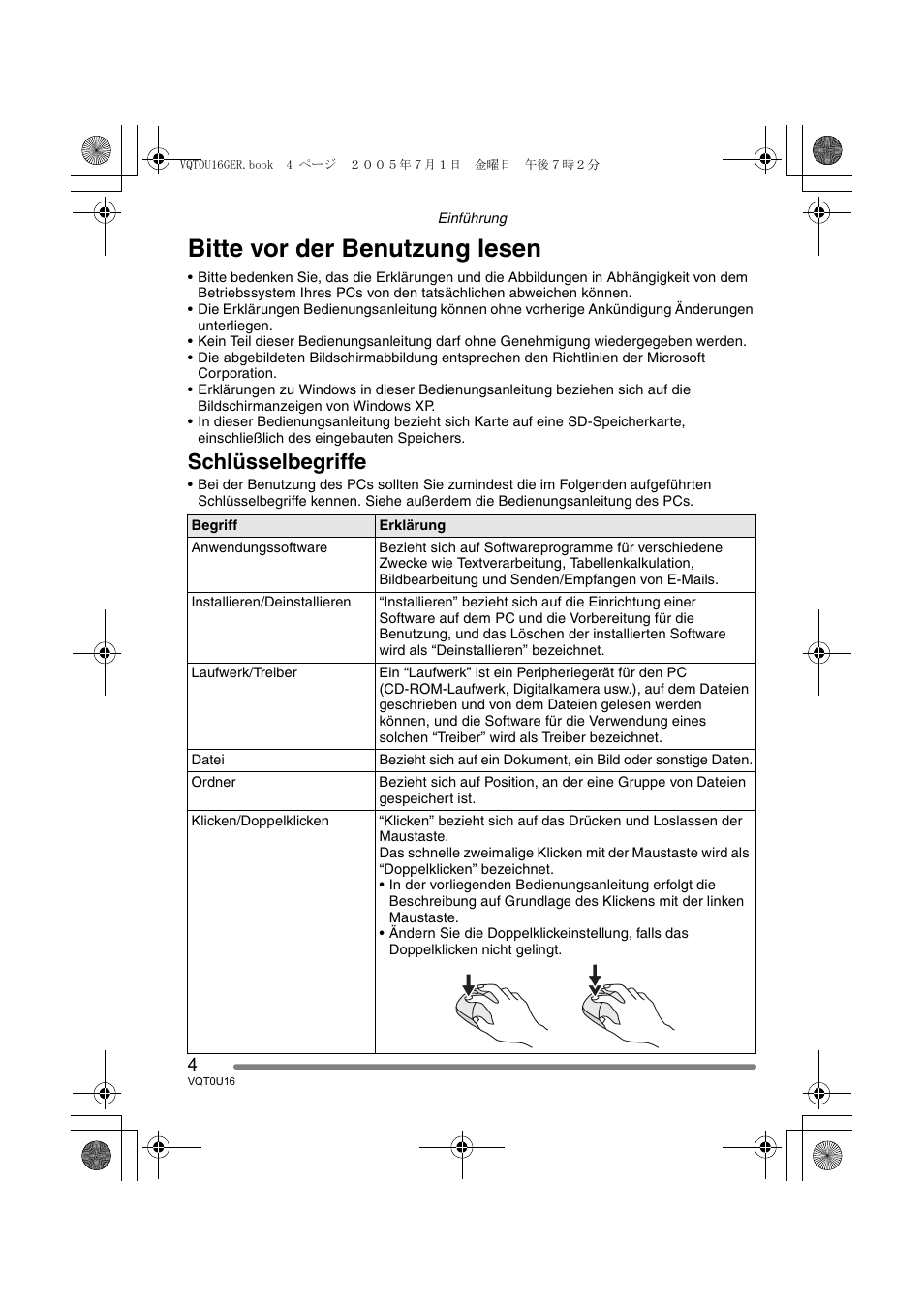 Bitte vor der benutzung lesen, Schlüsselbegriffe | Panasonic VQT0U16 User Manual | Page 4 / 120