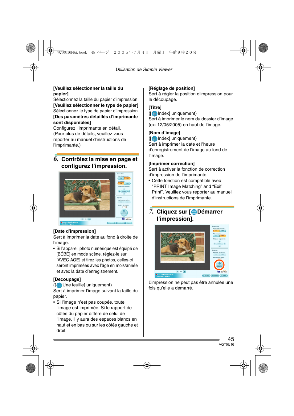 Cliquez sur [ démarrer i’impression | Panasonic VQT0U16 User Manual | Page 45 / 120