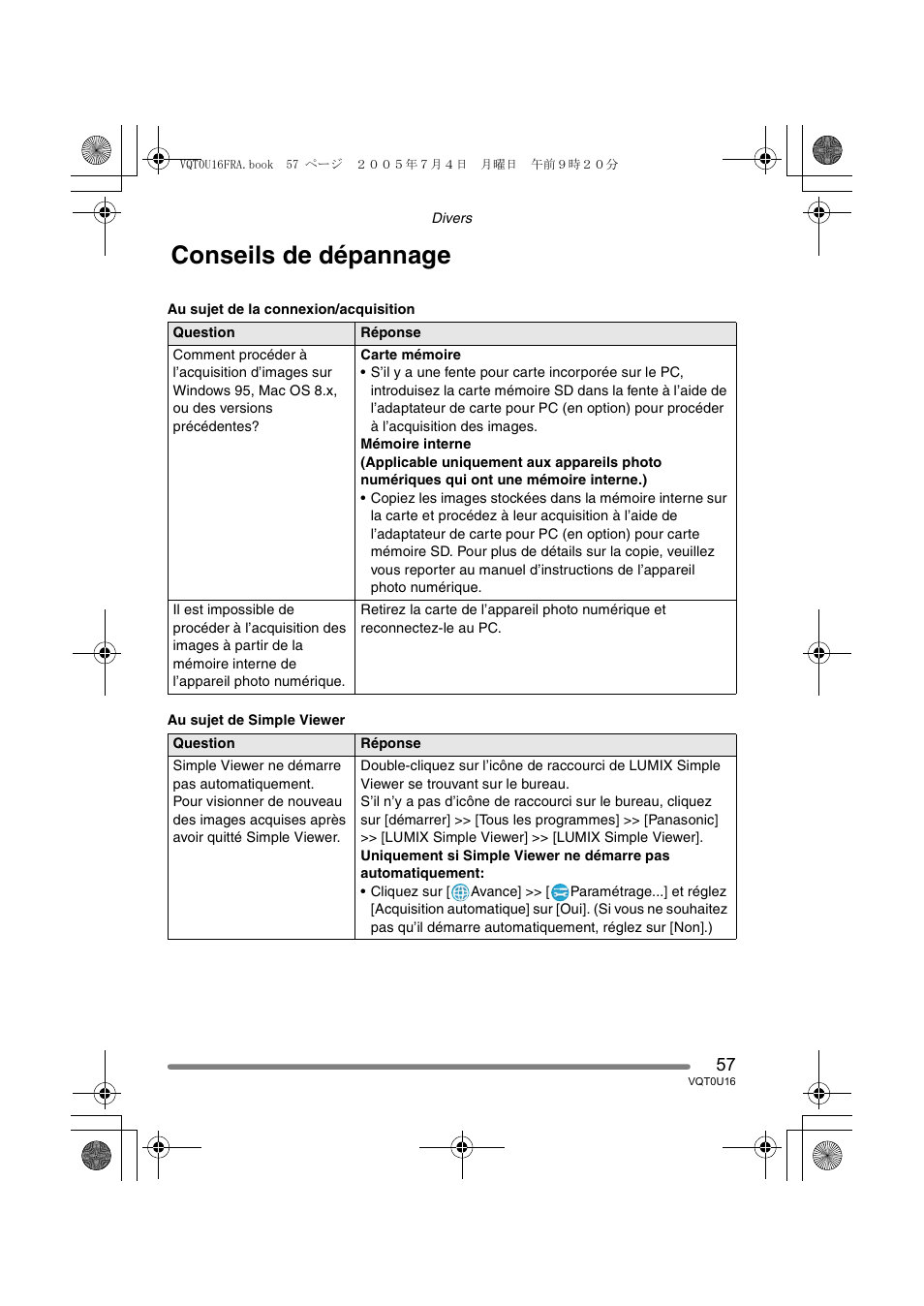 Conseils de dépannage | Panasonic VQT0U16 User Manual | Page 57 / 120