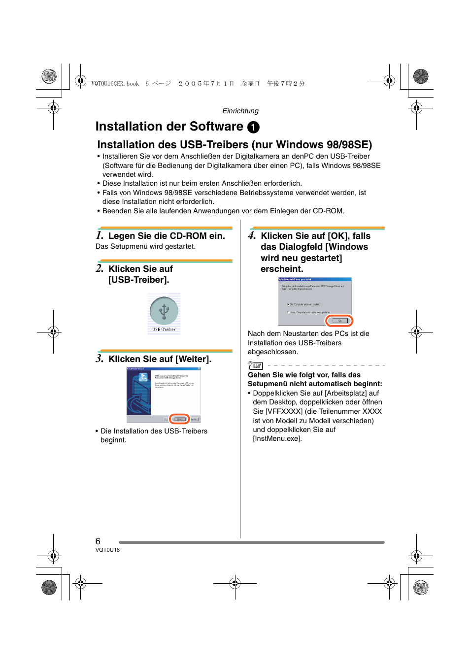 Installation der software 1 | Panasonic VQT0U16 User Manual | Page 6 / 120