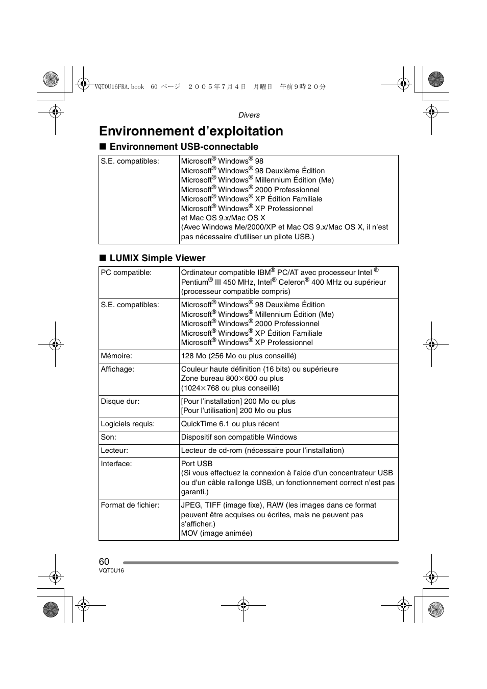 Environnement d’exploitation | Panasonic VQT0U16 User Manual | Page 60 / 120