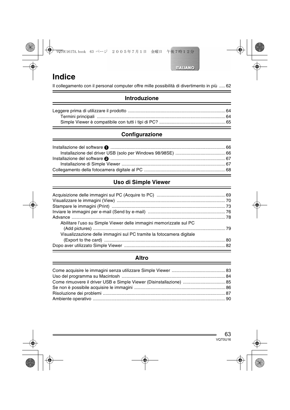 Indice | Panasonic VQT0U16 User Manual | Page 63 / 120