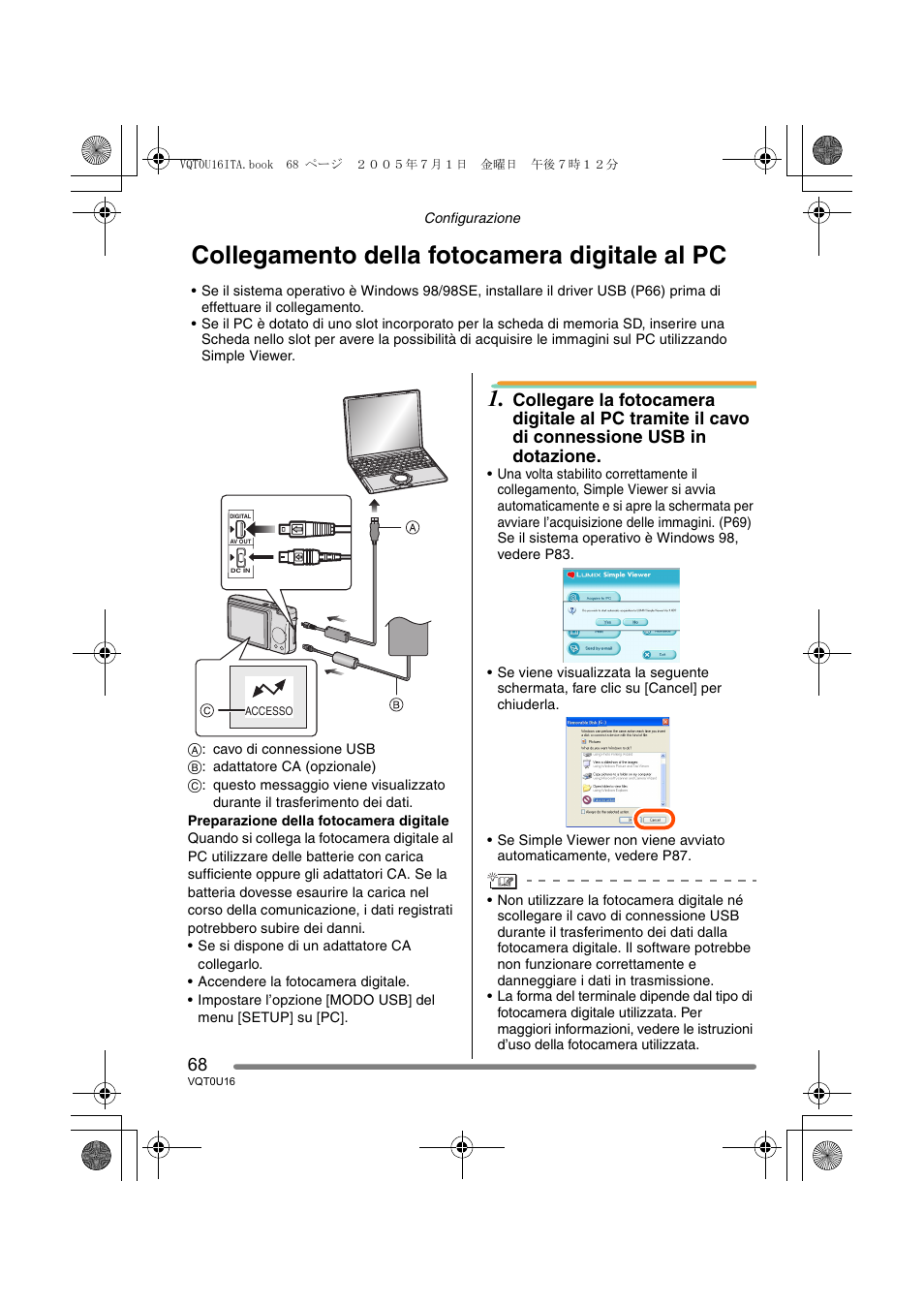 Collegamento della fotocamera digitale al pc | Panasonic VQT0U16 User Manual | Page 68 / 120