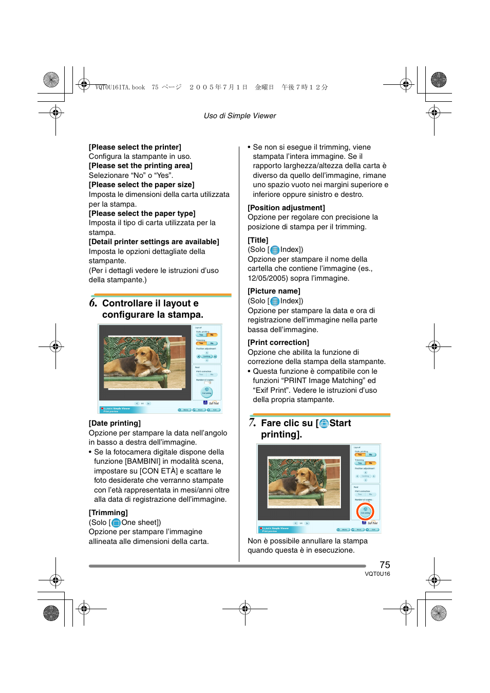 Controllare il layout e configurare la stampa, Fare clic su [ start printing | Panasonic VQT0U16 User Manual | Page 75 / 120